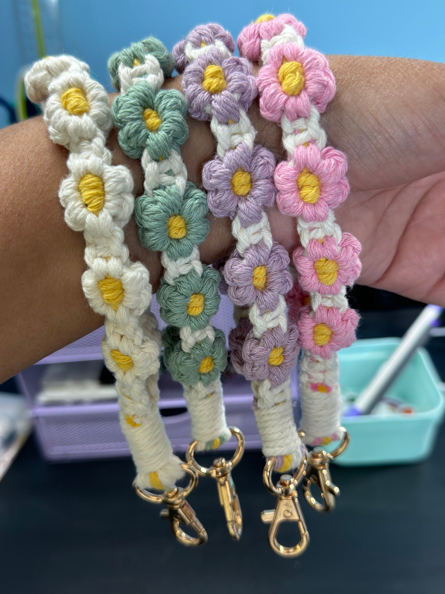 Macrame Puff Flower Wristlet with lobster clasp